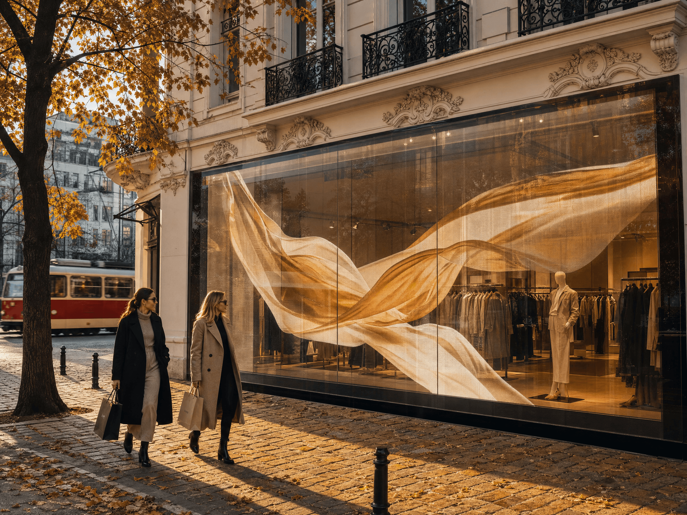 Премиум бутик на булевард Витоша с mesh LED на цялата витрина — амбърна тъкан в движение, есенни дървета, минаващ трамвай