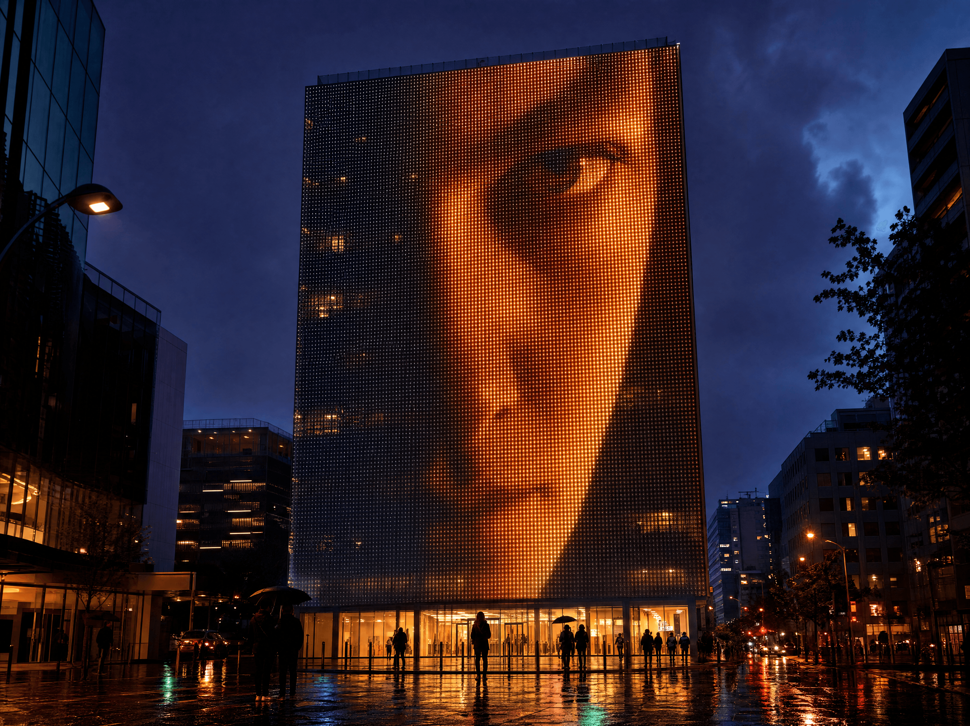 Гигантска mesh LED фасада в нощен град — петететажна сграда показва кинематографичен портрет, минувачи долу за мащаб