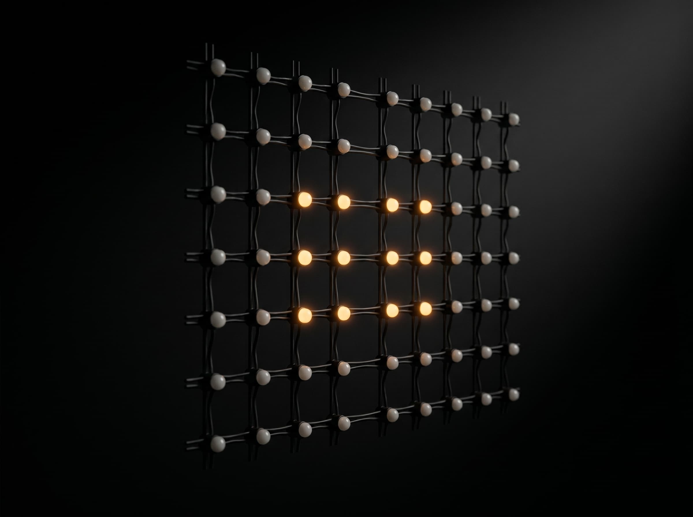 Конструкция на mesh LED — сферични LED крушки върху черна жична решетка, отделни пиксели светят в амбърно върху тъмен фон